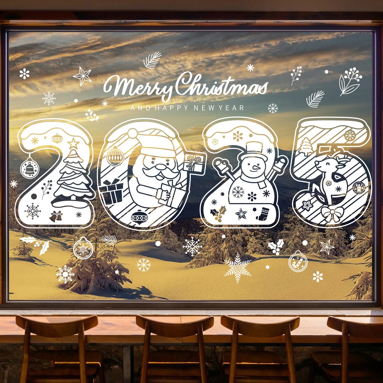 2025 Merry Christmas Electrostatic Window Sticker Happy New Year Shopping Mall Window Sticker Santa Claus Snowflake Window Decal