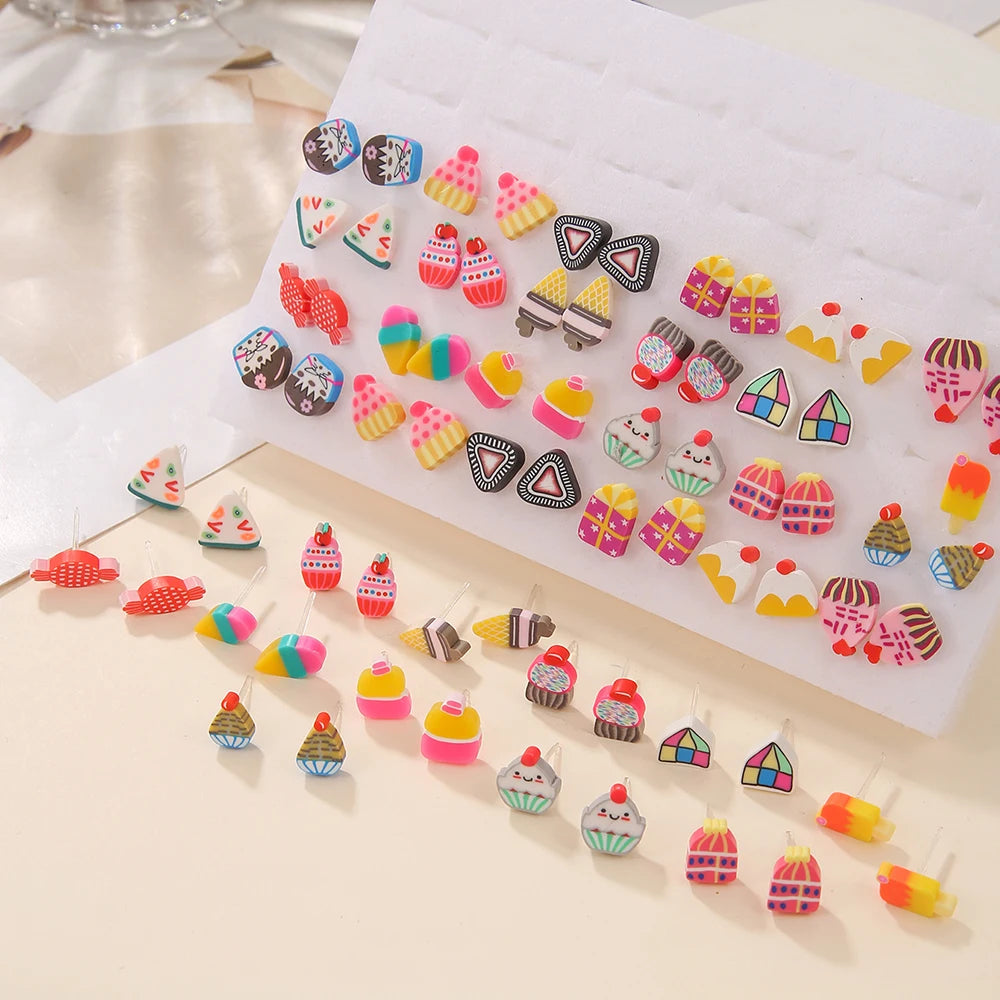 36Pair/lot Multi-style Colorful Cartoon Fruit Animal Geometric Stud Earrings Set For Women Girls Cute Children Ear Jewelry Gifts