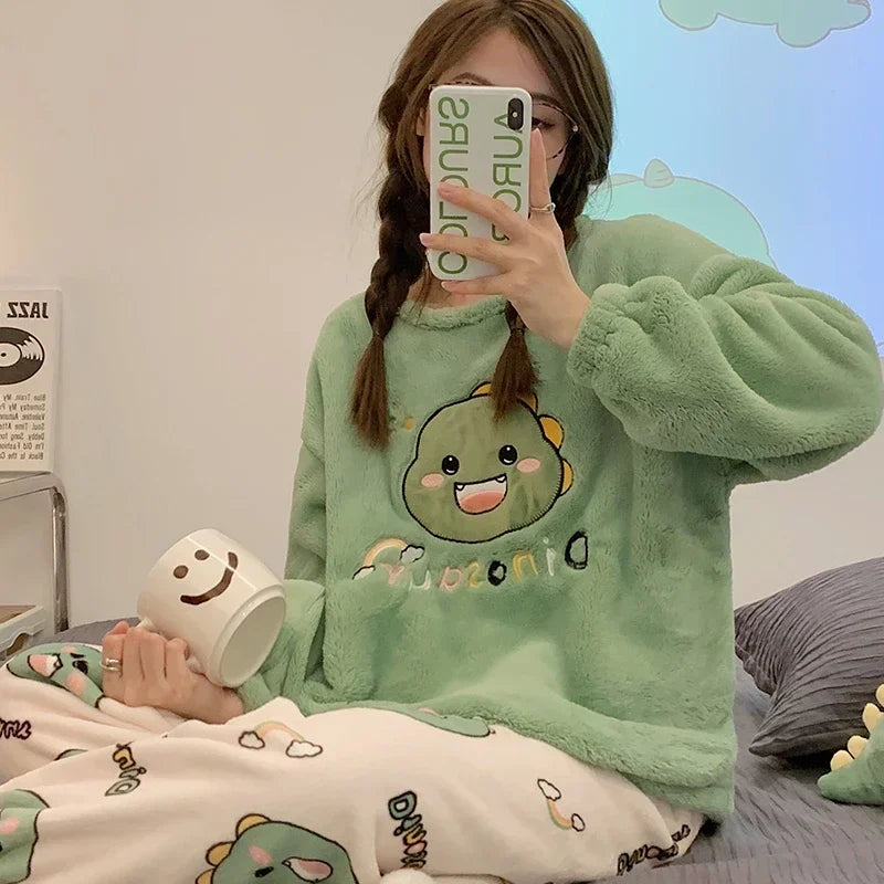 Winter Flannel Sleepwear Thickening Warm Round Neck Long Sleeve Women's 2 Pieces Set Cute Dinosaur Printing Pajamas Homewear