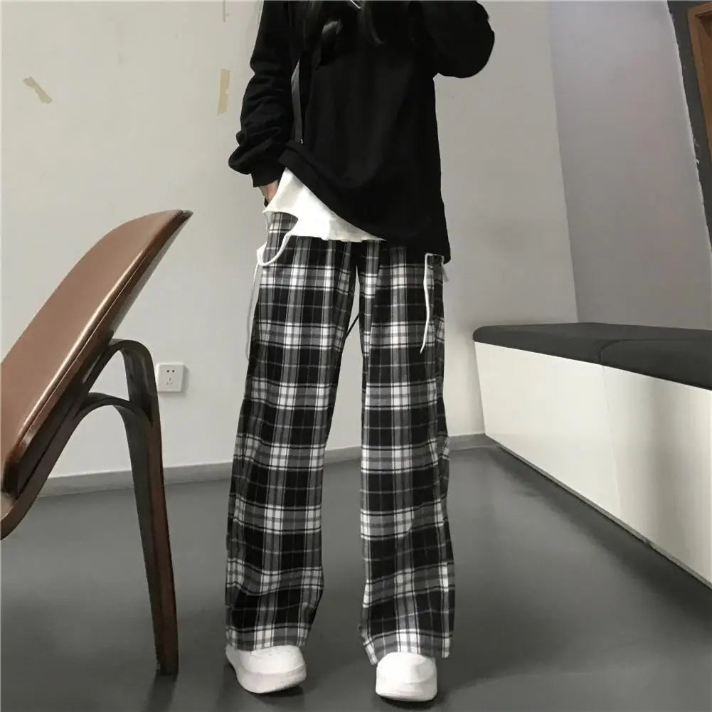 Plaid Print Pants Plaid Print Wide Leg Sweatpants for Women High Elastic Waist Streetwear Trousers with Loose Fit Sport Style