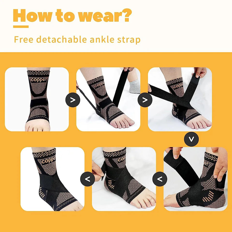 Adjustable Copper Compression Ankle Support Sleeve for Achilles Tendonitis, Plantar Fasciitis-Eases Swelling and Sprained Ankle