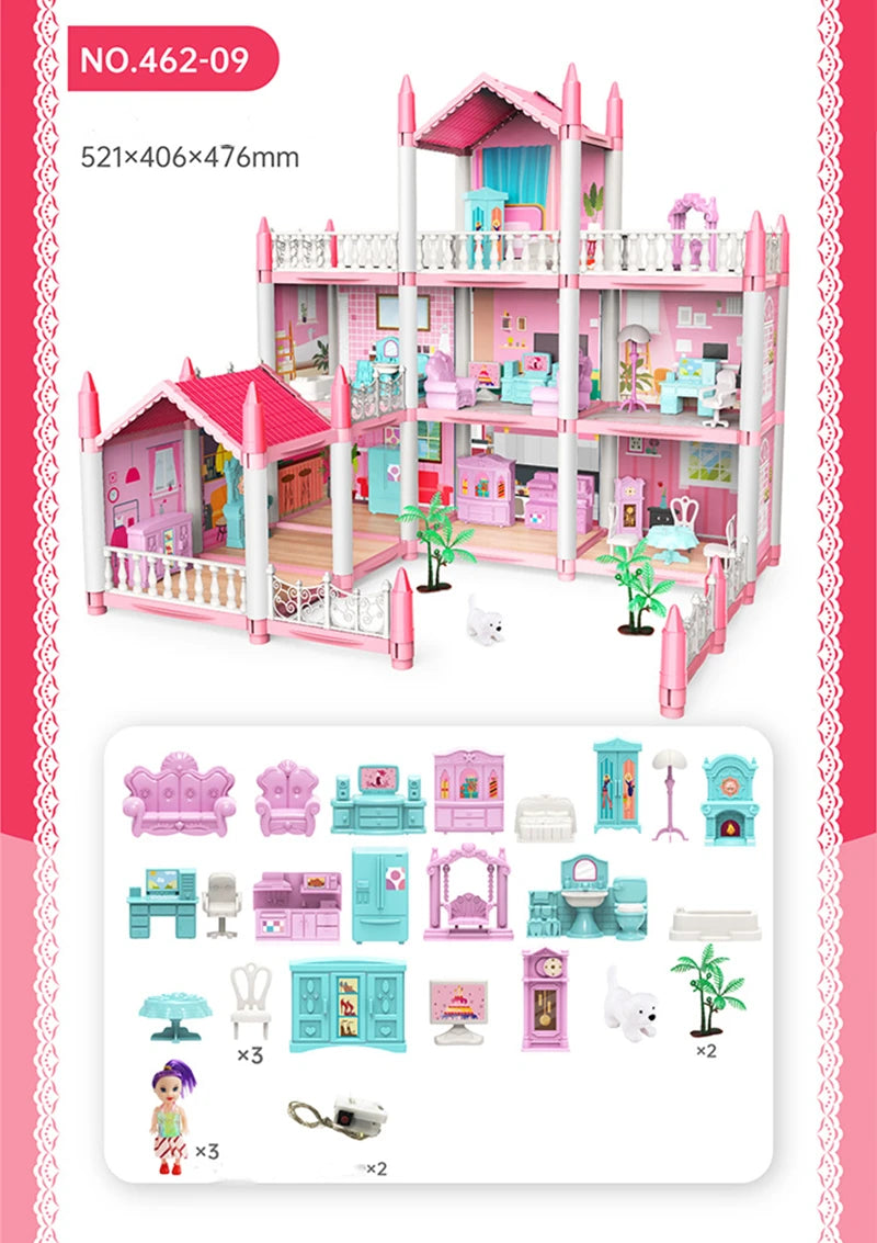 3D DIY Assembly Doll House Fantasy Princess Castle Villa Set Toys Girl Family Toys Children's Music Doll House Assembly Villa