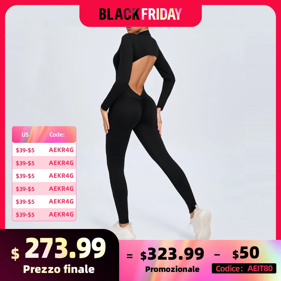 Fashion Hollow Backless Sport Jumpsuit Women's Tracksuit Long Sleeve Zipper Fitness Overalls One Piece Gym Set Workout Clothing