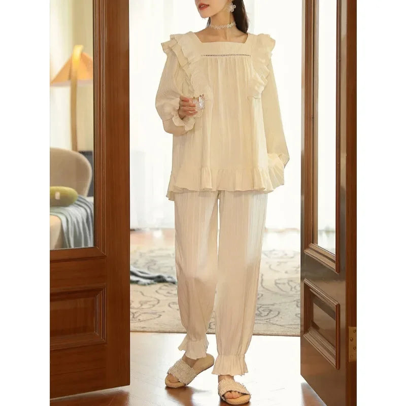 Women's Sweet Ruffle Pajamas Set Long Sleeve Top And Long Pants Sleepwear 2 Piece Set For Women Korean Casual Home Loose Pajamas