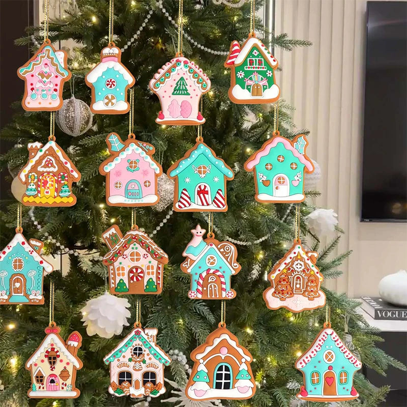 16pcs House Pendant For Christmas Tree Cute Mini Christmas Snow House Hanging Collection Creative Figurines House Pink Pendant