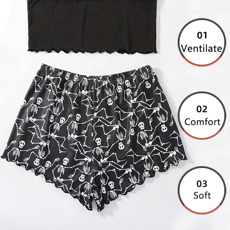 Women 2 PCS Pajama Set Sleepwear Short-Sleeved Tops and Shorts Suit Black Skull Print Ventilate Soft Comfort Loungewear