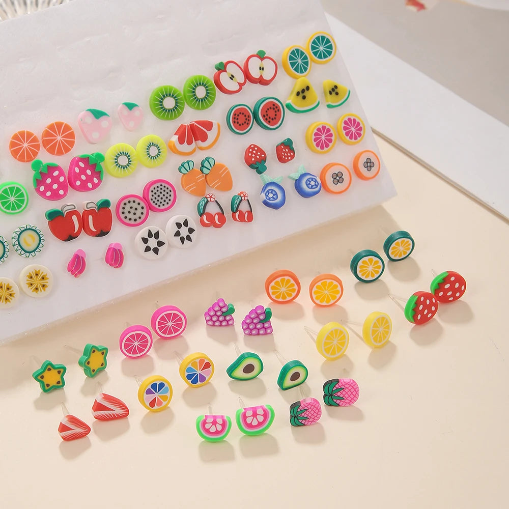 36Pair/lot Multi-style Colorful Cartoon Fruit Animal Geometric Stud Earrings Set For Women Girls Cute Children Ear Jewelry Gifts