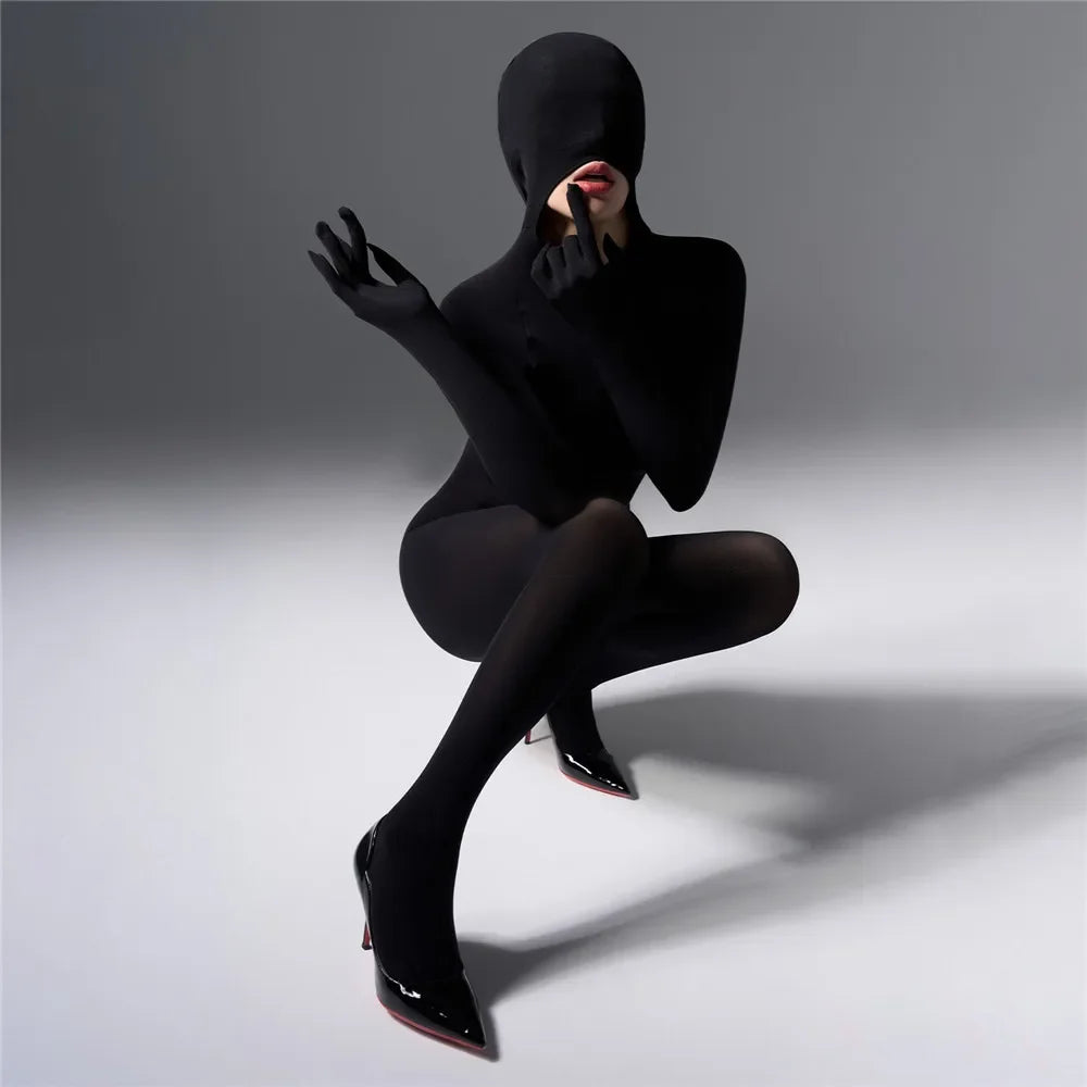 Women's Jumpsuit With Hooded High Elastic Unitard Oil  Shiny Glossy Sexy Bodysuit Five Finger Gloves Tights Skinny Shaper Wear