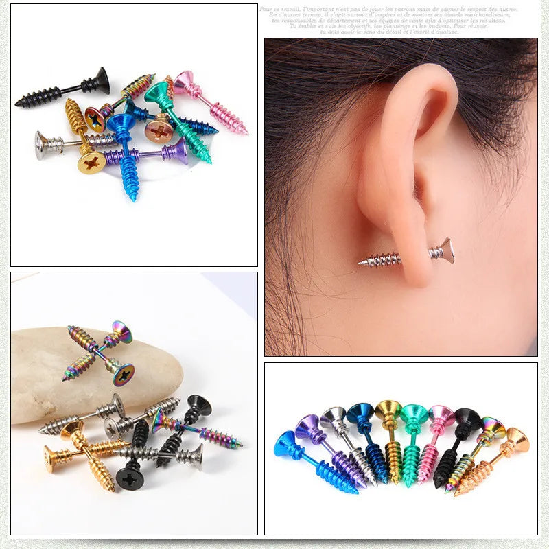 Hiphop Punk Screw Hammer Earrings Stainless Steel Fashion Tool Shaped Stud Ear Jewelry Party Gifts For Women Men