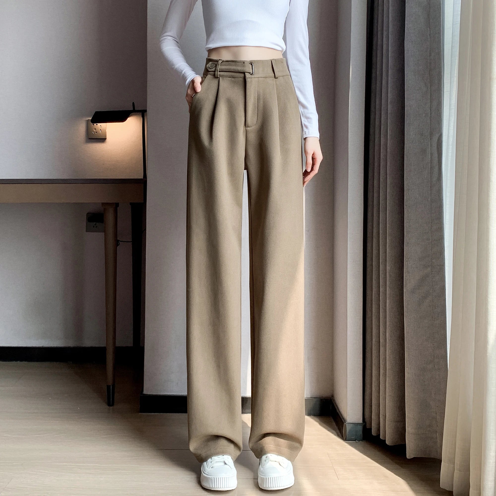 Seoulish Autumn Winter Thicken Woolen Casual Loose Full Length Pants 2023 New Button High Waist Chic Wide Leg Trousers Female