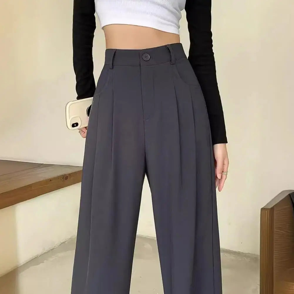 Women Pants Button Zipper Fly High Waist Office Lady Trousers With Pockets Solid Color Straight Wide Leg Versatile Suit Pants