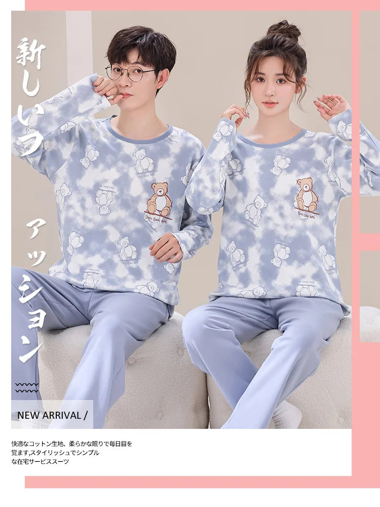 Big Size M-4XL Couple Pajamas Set Cute Cartoon Knited Cotton Sleepwear Women and Men Long Sleeve Pijamas Mujer