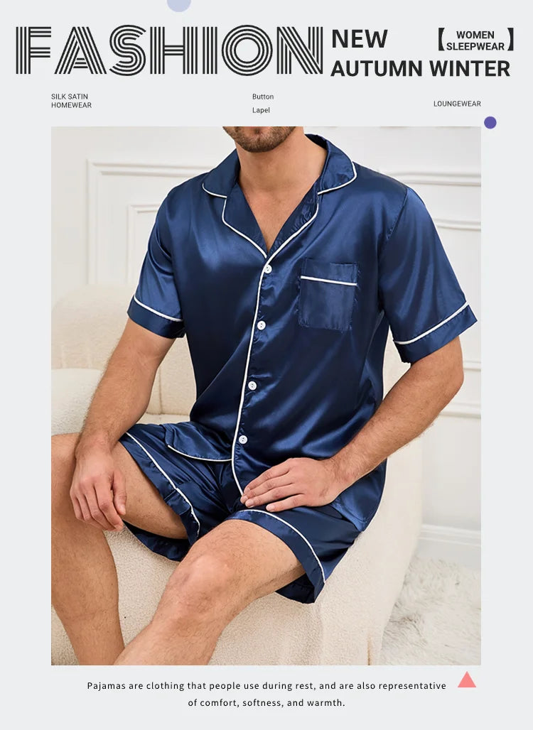 Men Satin Short Sleeve Pajama Set Summer Sleepwear for Man Button-Down Shirt & Elastic Waist Shorts Pajamas Home Clothes 2 Piece