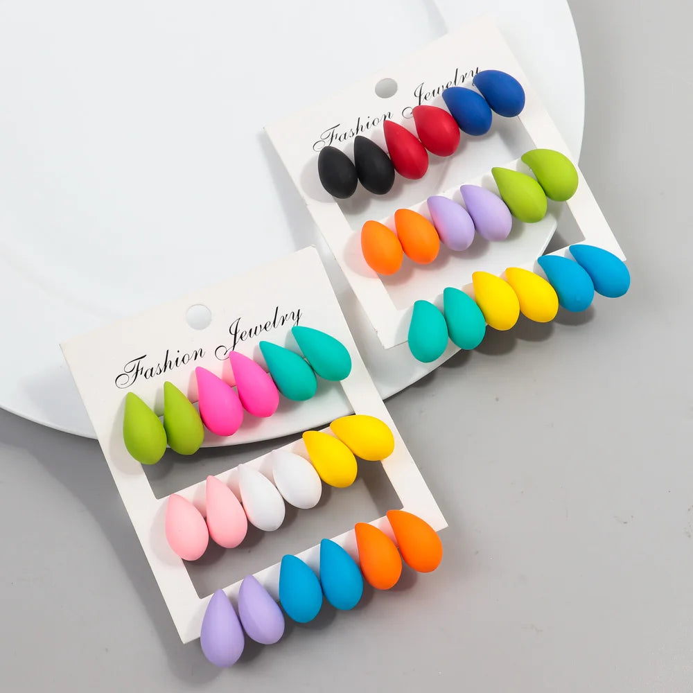 New 9Pair/Set Acrylic Small Chunky Waterdrop Earrings Dupes for Women Matte Colorful Dome Tear Drop Earring Hoops Trendy Jewelry