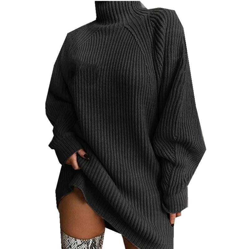 2024 Autumn/Winter New Knitted Sweater Fashionable and Sexy Medium to Long Sleeve Half High Collar Sweater Dress