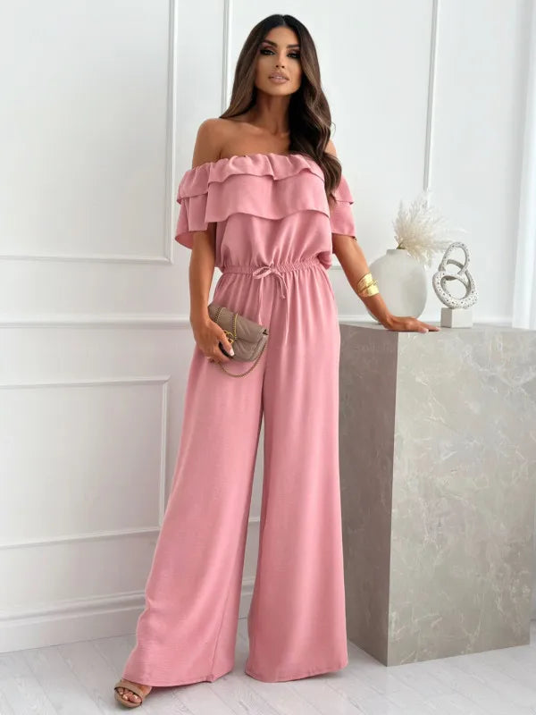 New Fashion Women's S-2XL Size Solid Color Jumpsuit Ladies Casual Off-the-Neck Short Sleeve Waist-Controlled Jumpsuit Rompers