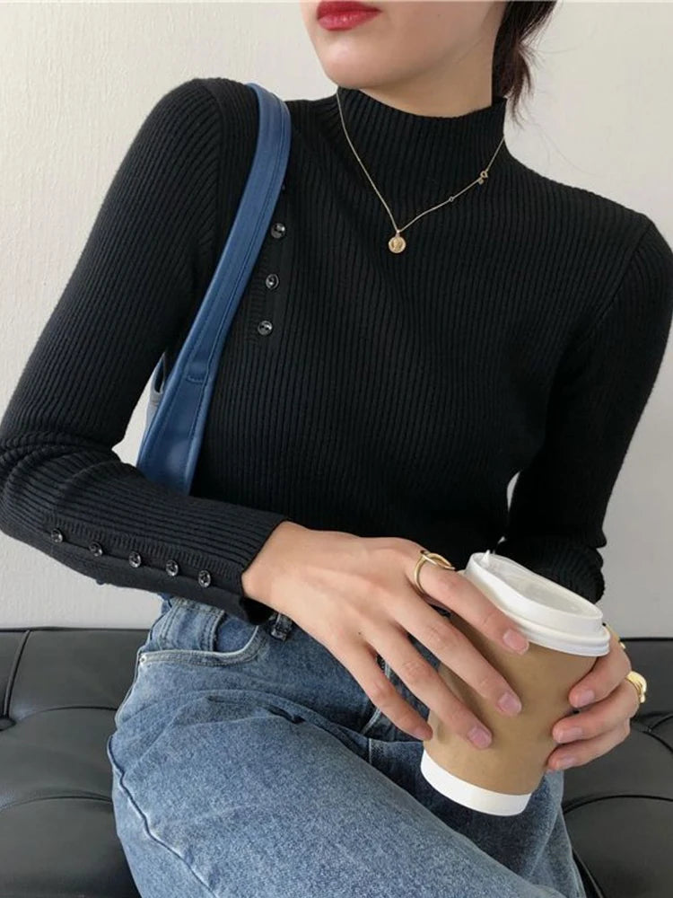 Women Knitted Sweater Long Sleeve Button Turtleneck Slim Pullovers for Autumn Winter Female Sweaters Soft Warm Bottoming Tops