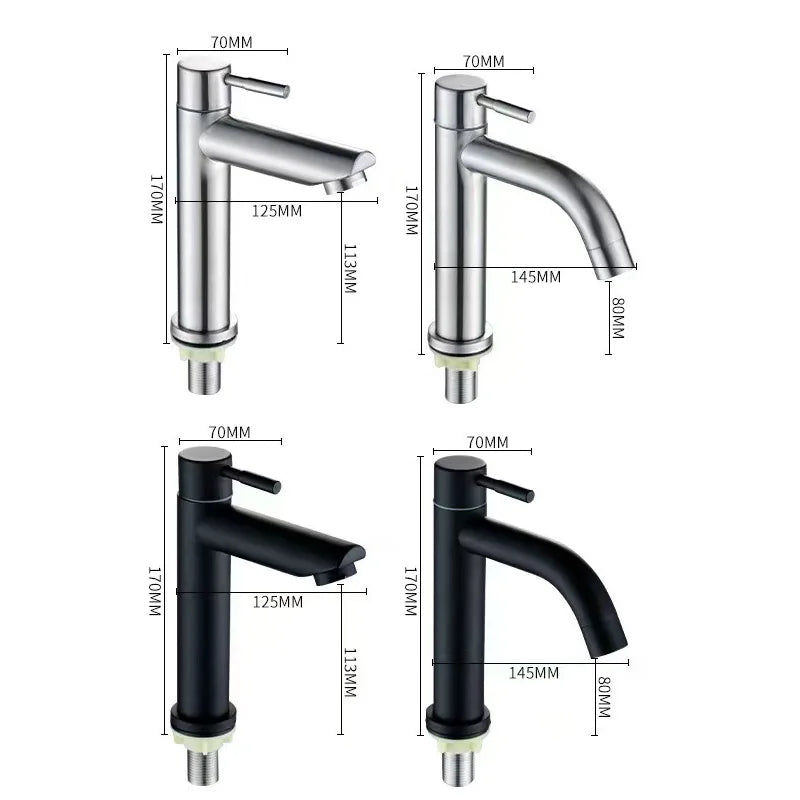 Basin Faucet 304 Stainless Steel Single Cold Water Tap Black Silver Color Deck Mounted  Lengthening and Raising Basin Sink Tap