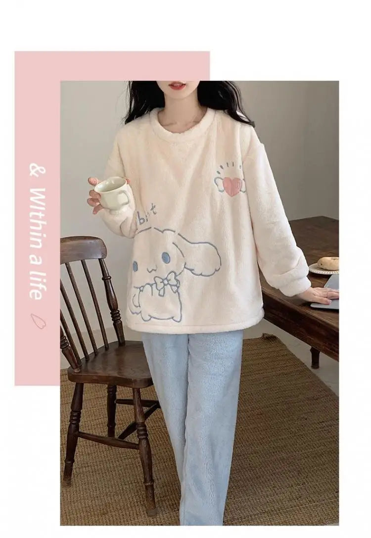 Cute Cinnamoroll Winter Pajamas Suit Sanrioed Anime Kawaii Cartoon Plush Homewear with Chest Pad Women Flannel Warm Nightwear