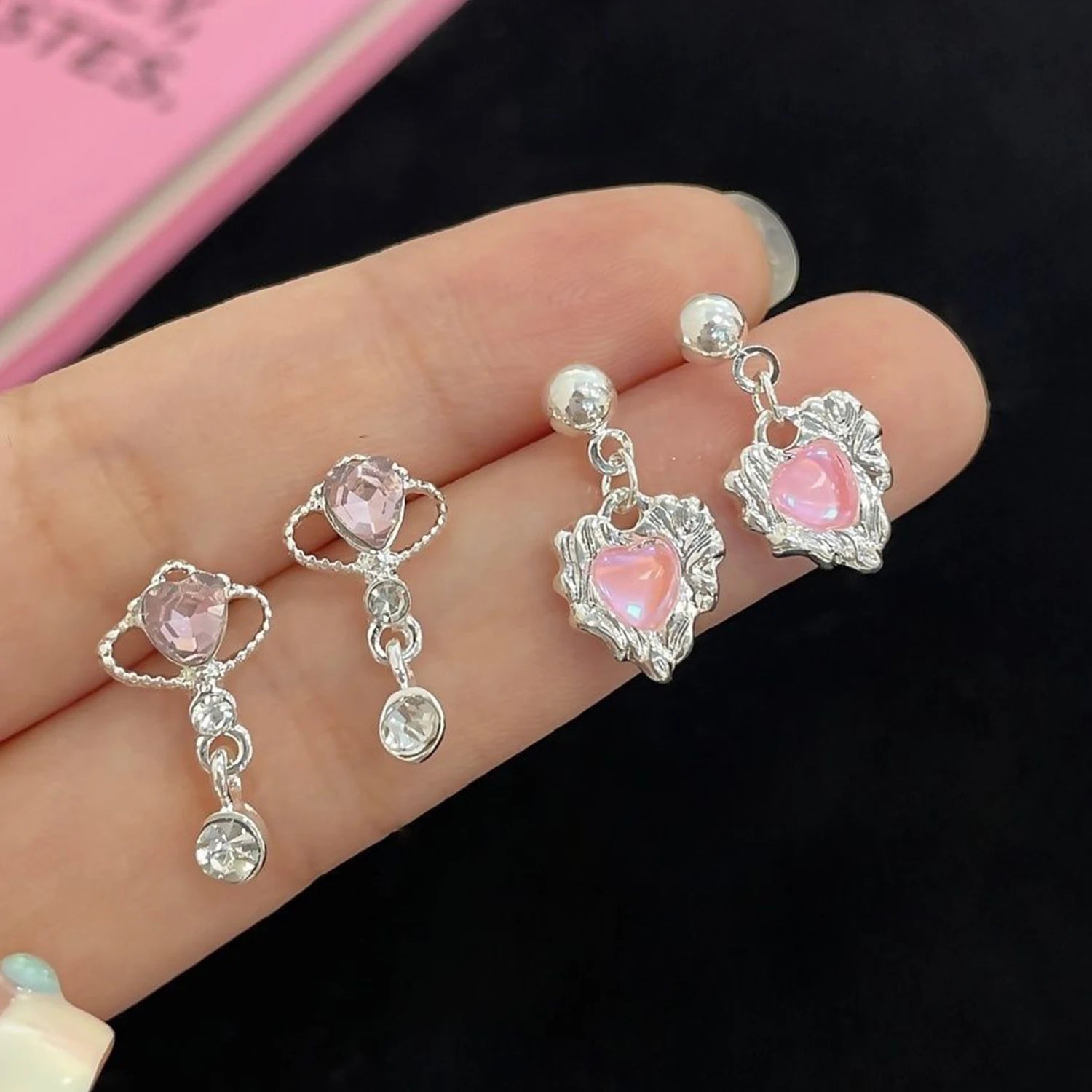 6Pairs/set Fashion Cute Pink Crystal Bowknot Heart Shape Stud Earrings Sets For Women Girls Ears Jewelry Party Y2k Accessories