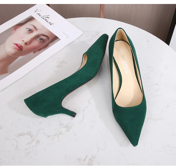 Low Heel Pumps Lady Pointed Toe Kitten Heels Female Green Flock Plus Size 43 44 45 46 Red Shoes 2023 Women 5cm High Heels