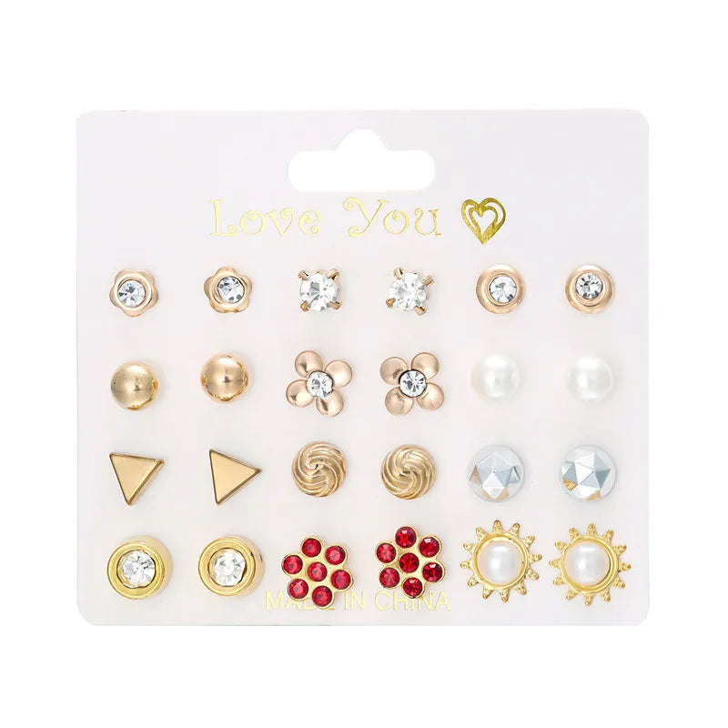 12 Pairs/Set Imitation Pearl Sun Star Flower Bow Heart Zircon Combination Paper Card Stud Earrings Set Fashion Geometric Earring