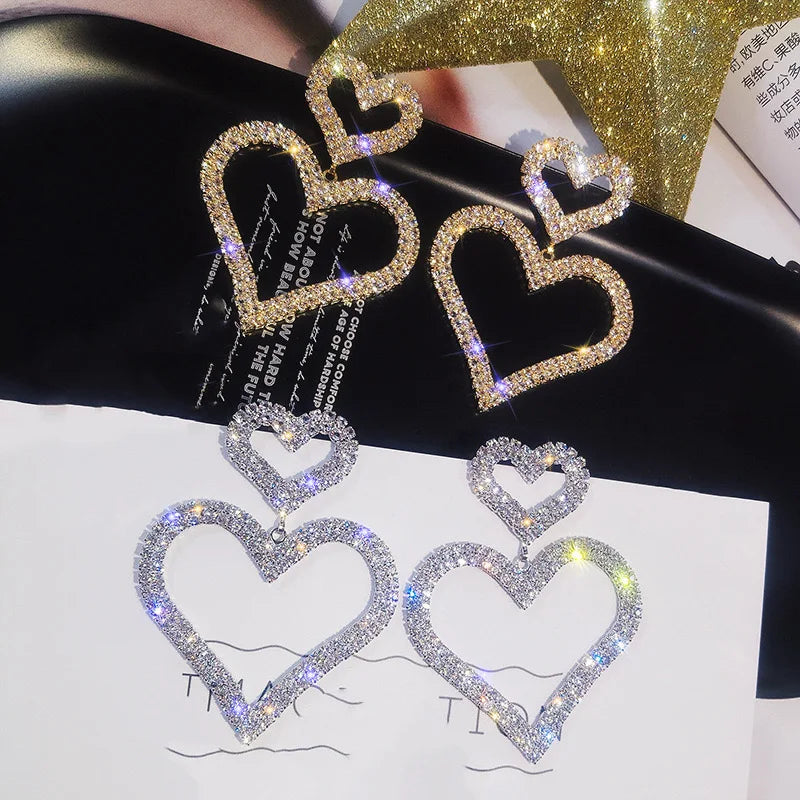 Luxury Big Double Love Heart Rhinestone Drop Earrings for Women Girls Crystal Korean Statement Wedding Party Ear Jewelry Gifts