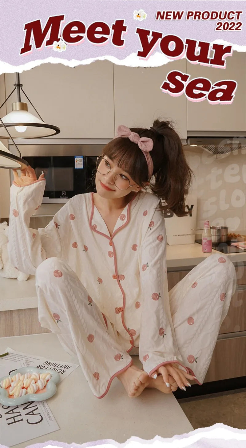 Women's Sweet Ruffle Pajamas Set Long Sleeve Top And Long Pants Sleepwear 2 Piece Set For Women Korean Casual Home Loose Pajamas