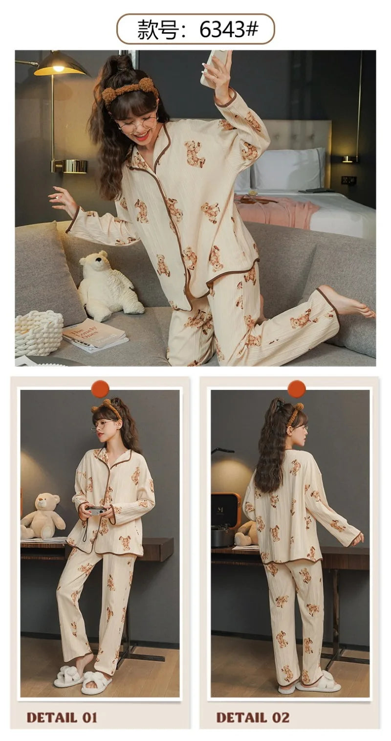 Women's Sweet Ruffle Pajamas Set Long Sleeve Top And Long Pants Sleepwear 2 Piece Set For Women Korean Casual Home Loose Pajamas