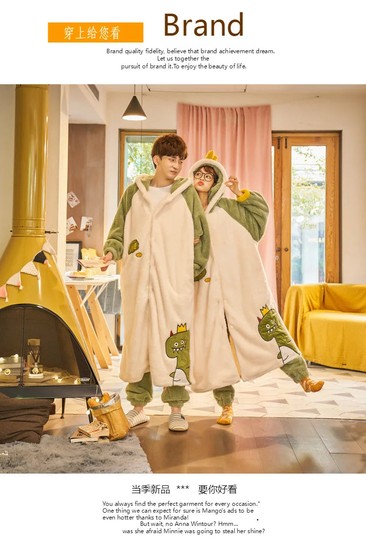 Cute Cartoon Panda Couple Pajamas For Men And Women Sleepwear In Winter Plush Thick Warm Bathrobe With Trousers Men Robes Sets