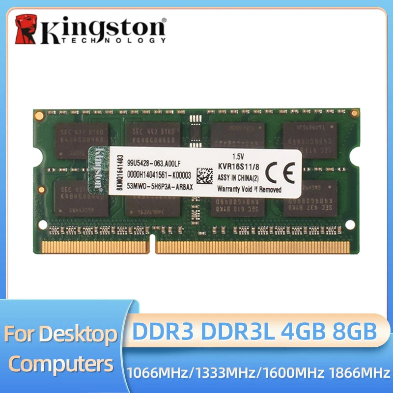 Kingston Laptop Ram DDR3L DDR3 8GB 4GB 1066Mhz 1333Mhz 1600Mhz 1866Mhz SO-DIMM PC3-8500 10600 12800 Notebook DDR3 Dual Channel