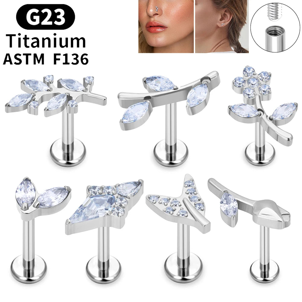 G23 Titanium Piercing Ear Studs Leaf Flower Shape CZ Top Lip Tragus Cartilage Helix Daith Pierc Earrings Women Body Jewelry