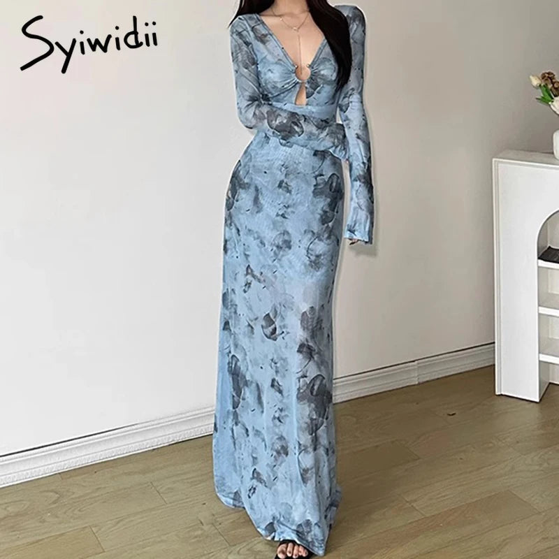 Syiwidii Vintage Printing Women Bodycon Dress Mesh See Through Hollow Out V Neck Long Sleeve Dress Beach Vacation Simple Dresses