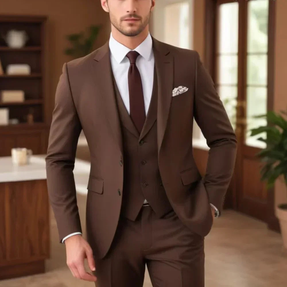 Dark Brown Suits for Men Fashion Single Breasted Solid Male Suit Fashion Business Casual Formal Wedding Party Tuxedo 3 Piece