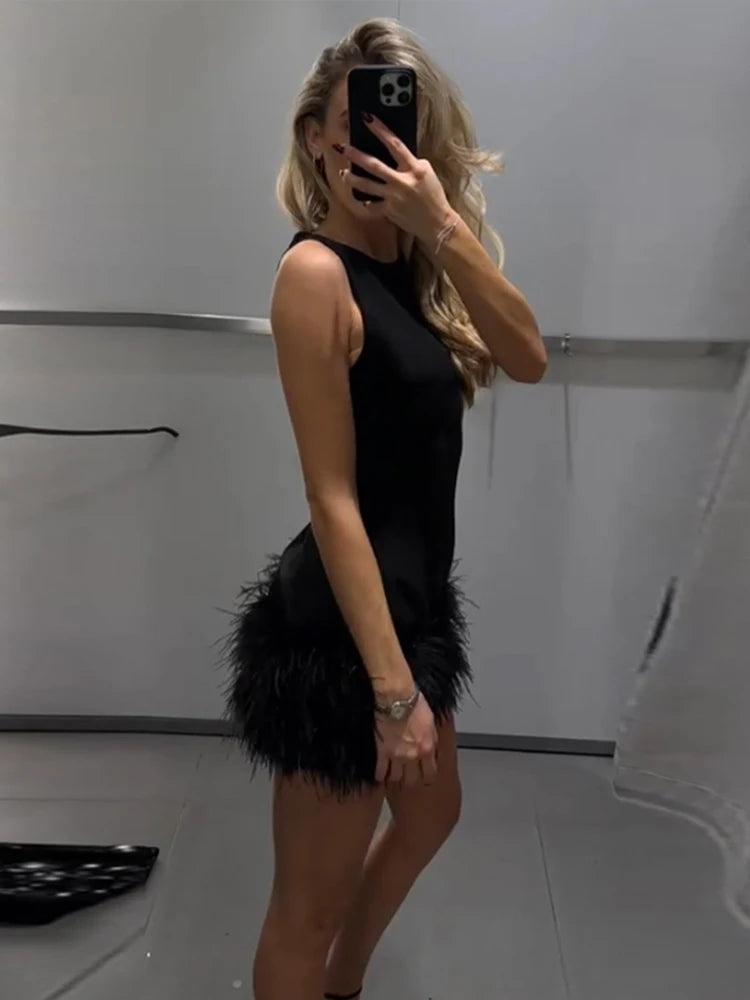 Sleeveless Feather Short Dress Black Women Socialite Party Evening Gown Round Neck Slim Fit Plush Ladies Fashion Slimming Dress