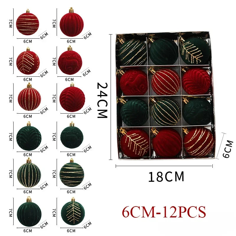 12pcs 6cm Wine Red Christmas Ball Ornaments Christmas Tree Party Decoration New Year Christmas Spheres Pendant Velvet Balls 2025