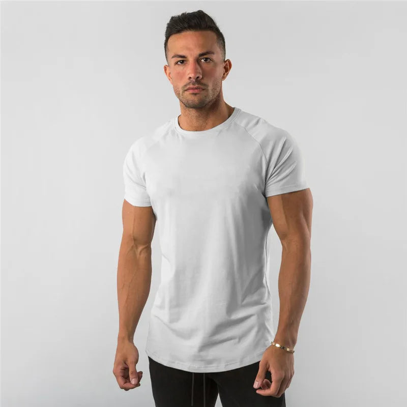 Cotton Plain Tops Tees Fitness Mens T Shirt Short Sleeve Muscle Joggers Bodybuilding Tshirt Male Gym Clothes Slim Fit Shirt