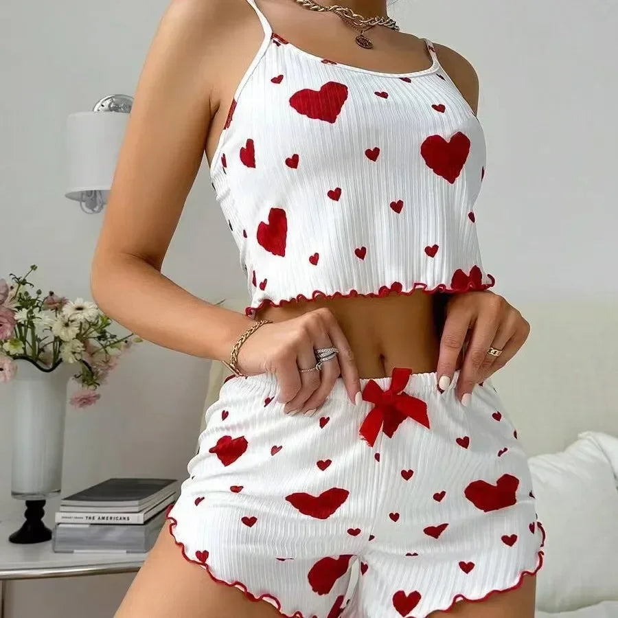 Summer Sleepwear Women Heart Print Relaxed Fit Pajama Set Round Neck Backless Crop Cami Top and Shorts Set Loungewear