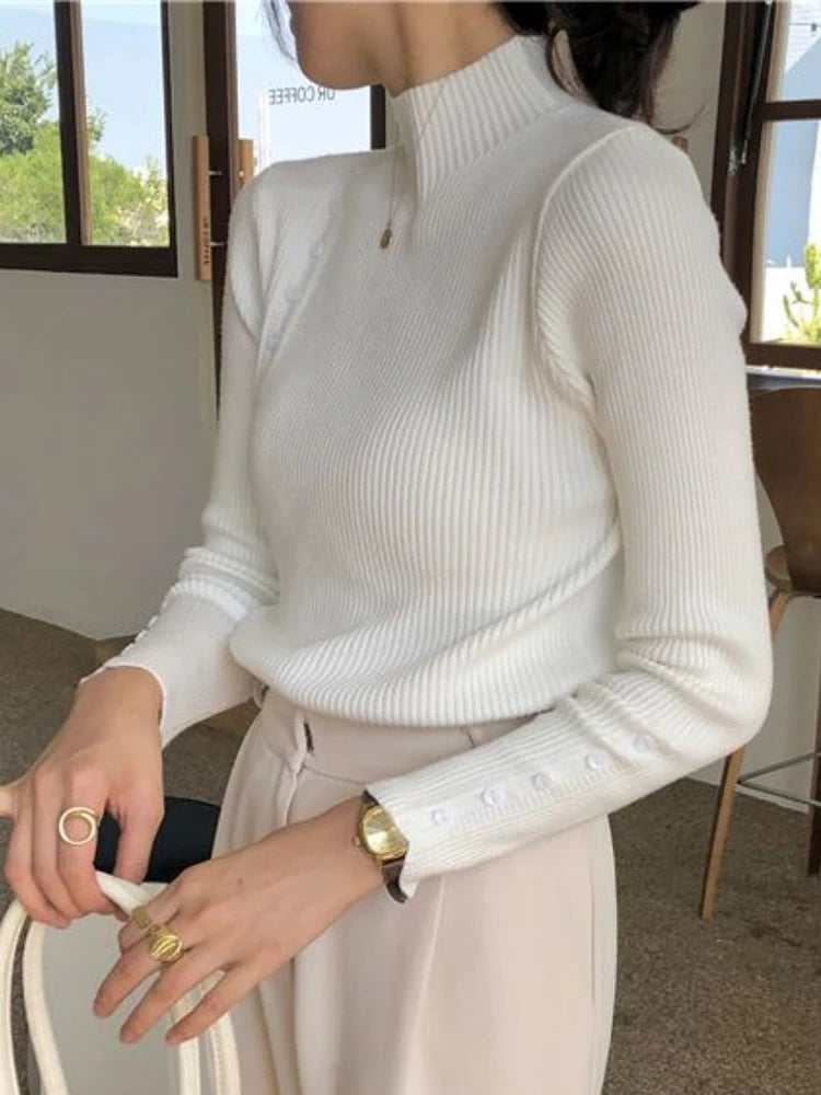 Women Knitted Sweater Long Sleeve Button Turtleneck Slim Pullovers for Autumn Winter Female Sweaters Soft Warm Bottoming Tops