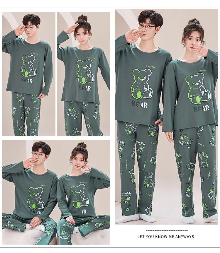 Big Size M-4XL Couple Pajamas Set Cute Cartoon Knited Cotton Sleepwear Women and Men Long Sleeve Pijamas Mujer