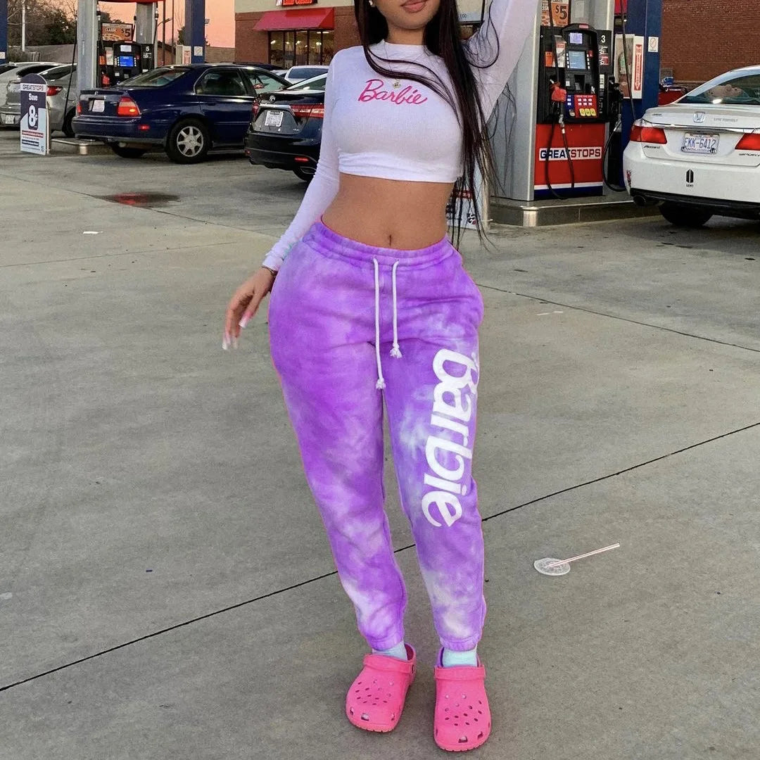 Tie Dye Fashion Streetwear Pink Joggers Women's Drawstring Sweatpants Sports Wear Women Crop Top and Jogging Pants