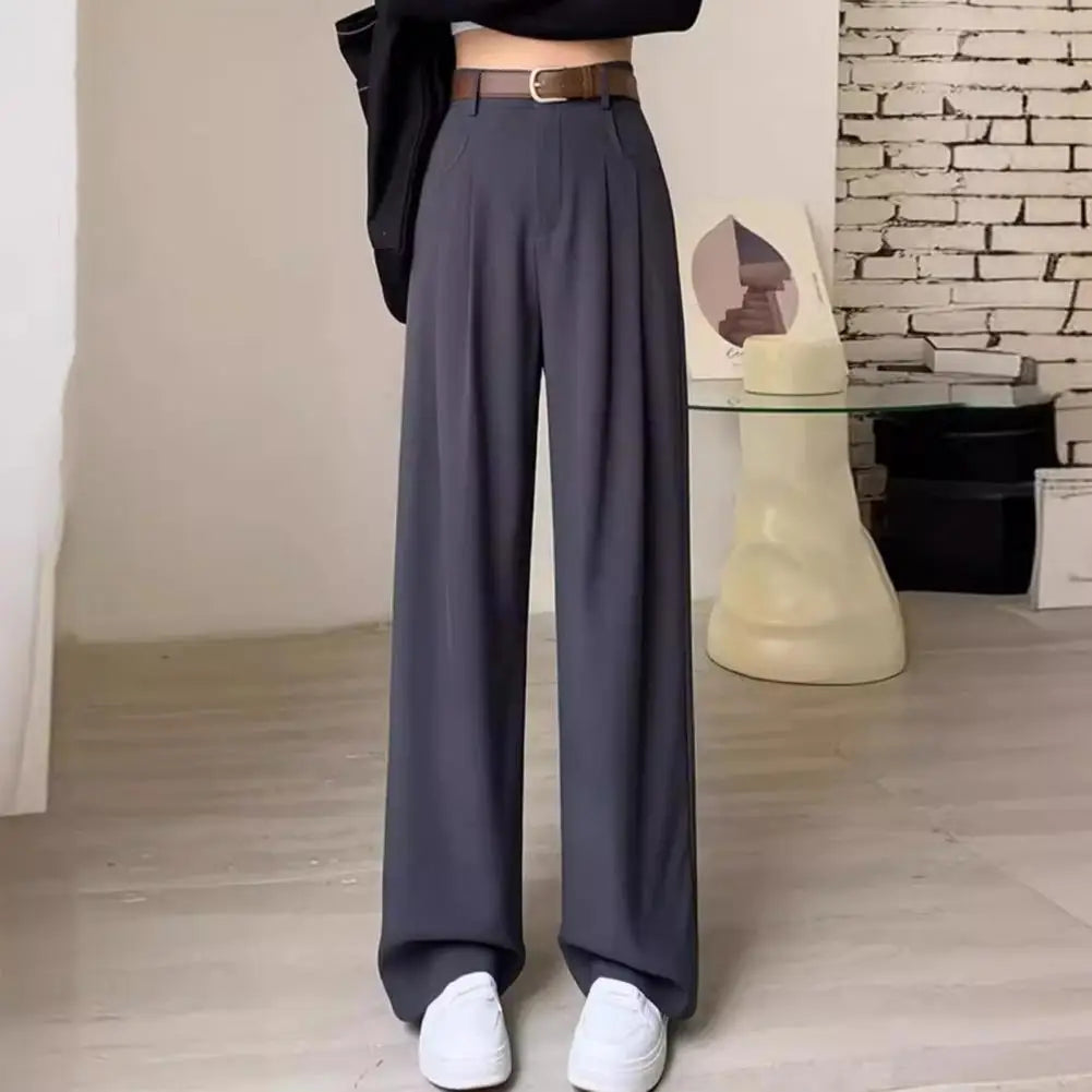 Women Pants Button Zipper Fly High Waist Office Lady Trousers With Pockets Solid Color Straight Wide Leg Versatile Suit Pants