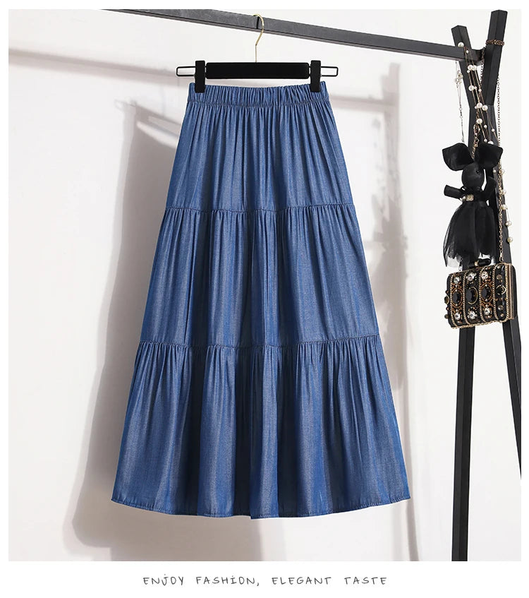 Women's Patchwork Denim Color Spliced A-line Skirt Tencel Big Swing Long Thin Skirt