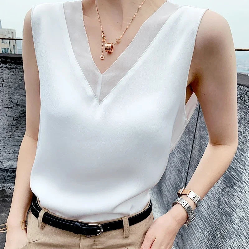 V-Neck Silk Vest Women's Summer Sleeveless Blouse With Acetic Acid Satin Top Sleeveless Bottoming Shirt