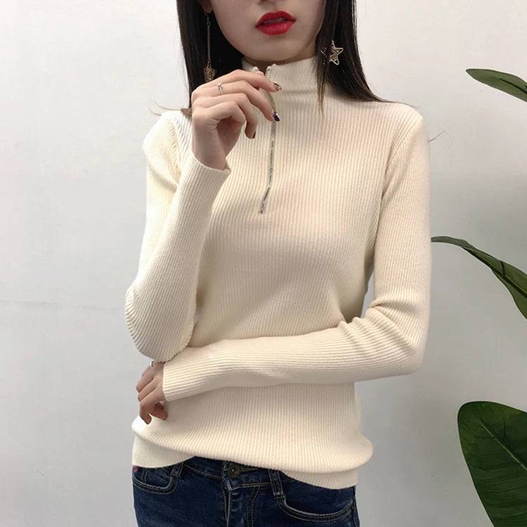 Knitted Women Zipper Half High Neck Sweater Pullovers Autumn Winter Basic Women Sweaters Slim Solid Knitwear Pull Femme Tops