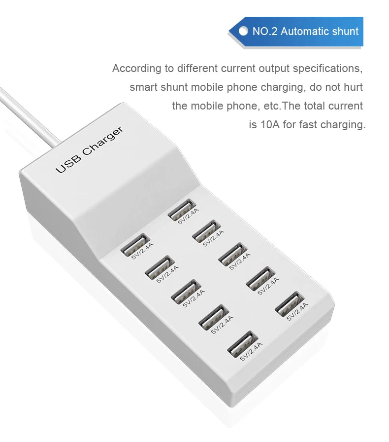 High Speed 10 Ports 5V USB Hub AC Charger Strip Adapter Portable USB Power Adapter for Home Office Travel Wall Charger EU Plug