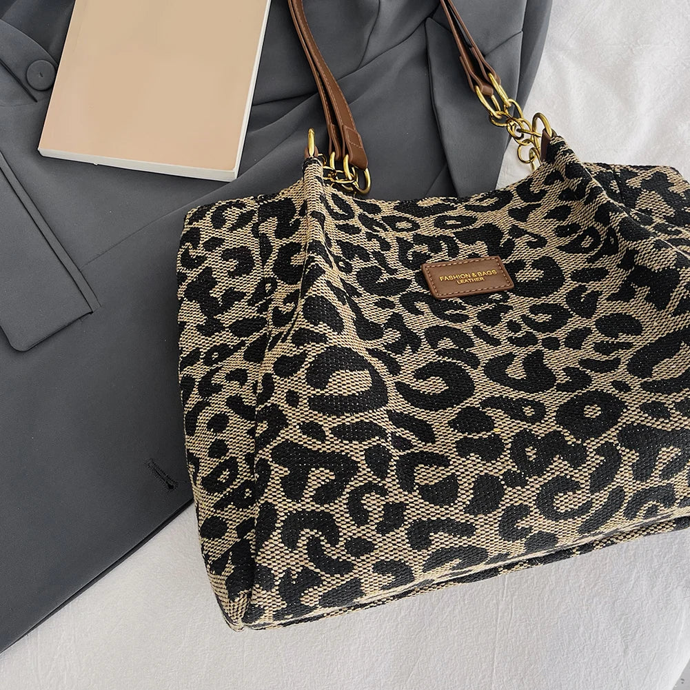 Women Shoulder Bag Leopard Print Canvas Handbag Multi-Pockets Underarm Bag for School Work Shopping