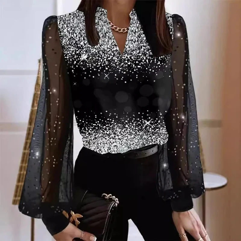 New Autumn V Neck See-through Sleeve Blouse Elegant Temperament Printed Women's Pullover Casual High Street Party Female Shirts