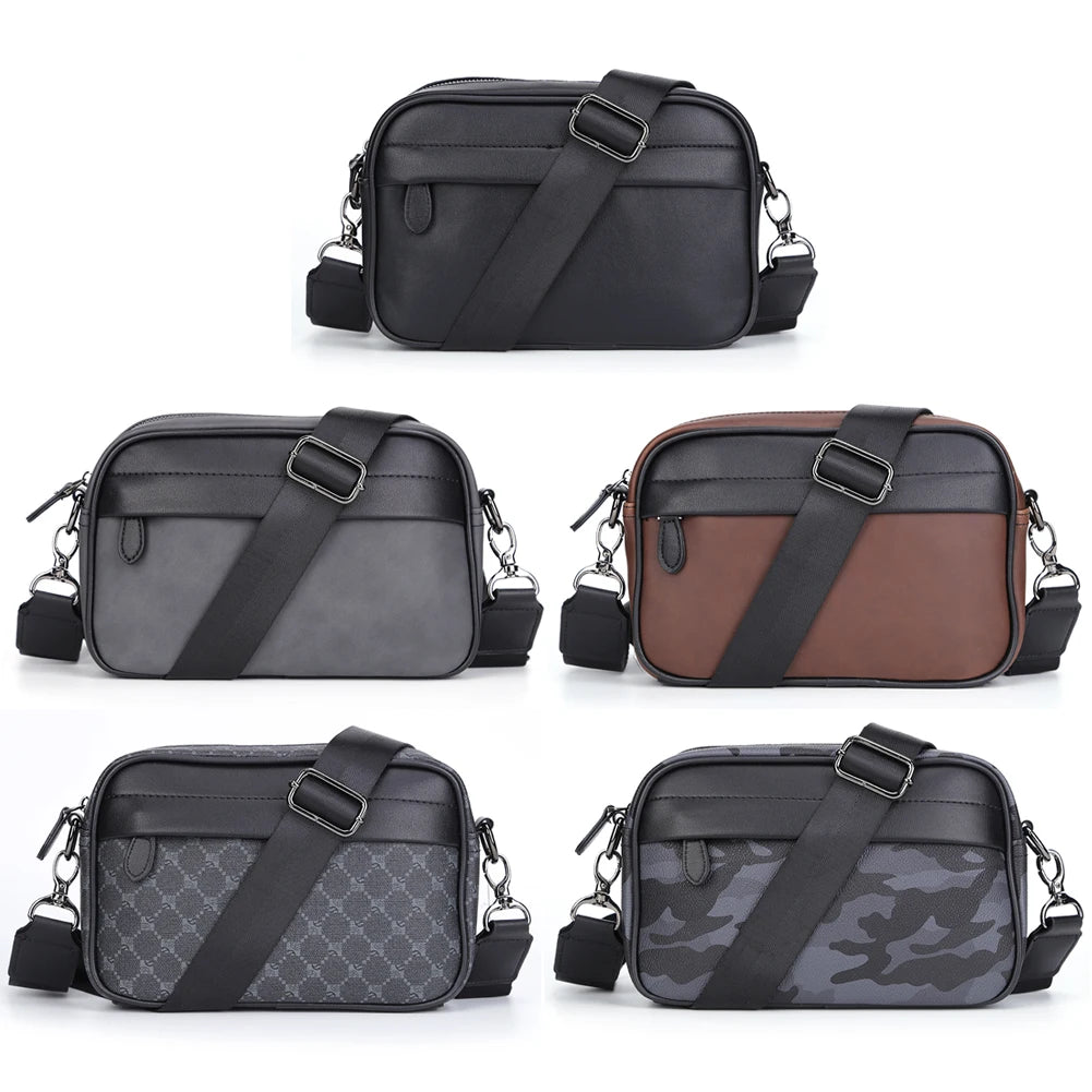 Casual Business Shoulder Bag for Men PU Leather Messenger Bag Wide Strap Crossbody Bags Square Plaid Designer Male Sling Bags