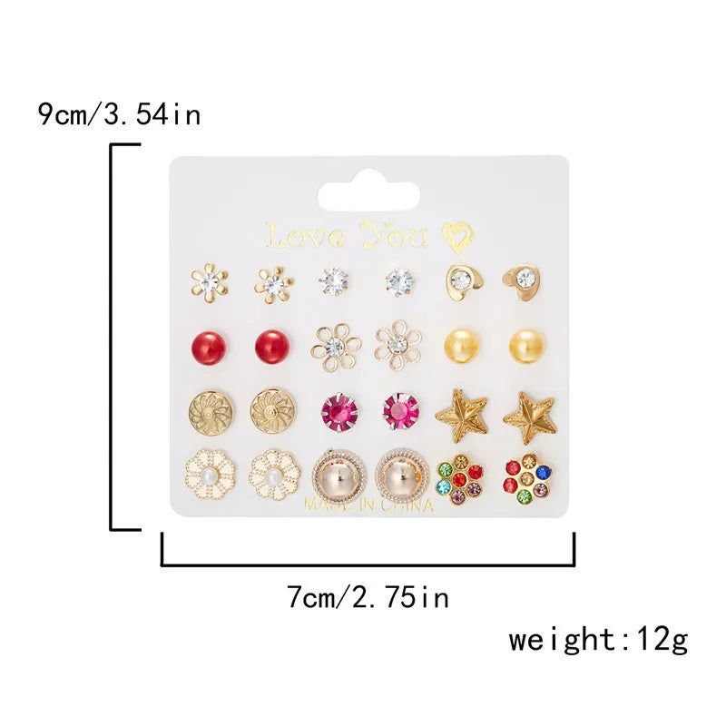 12 Pairs/Set Imitation Pearl Sun Star Flower Bow Heart Zircon Combination Paper Card Stud Earrings Set Fashion Geometric Earring